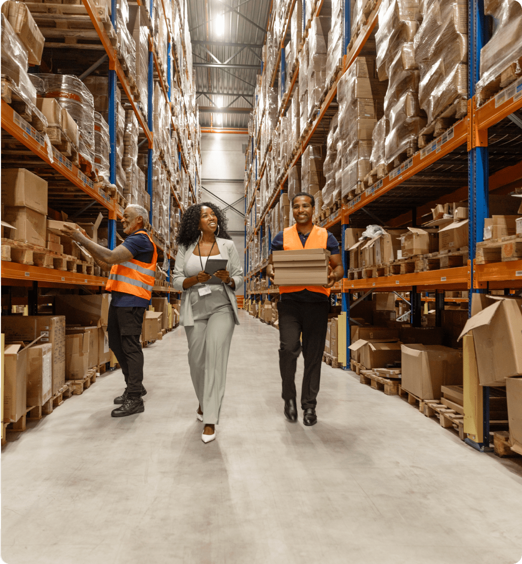 Team managing warehouse logistics