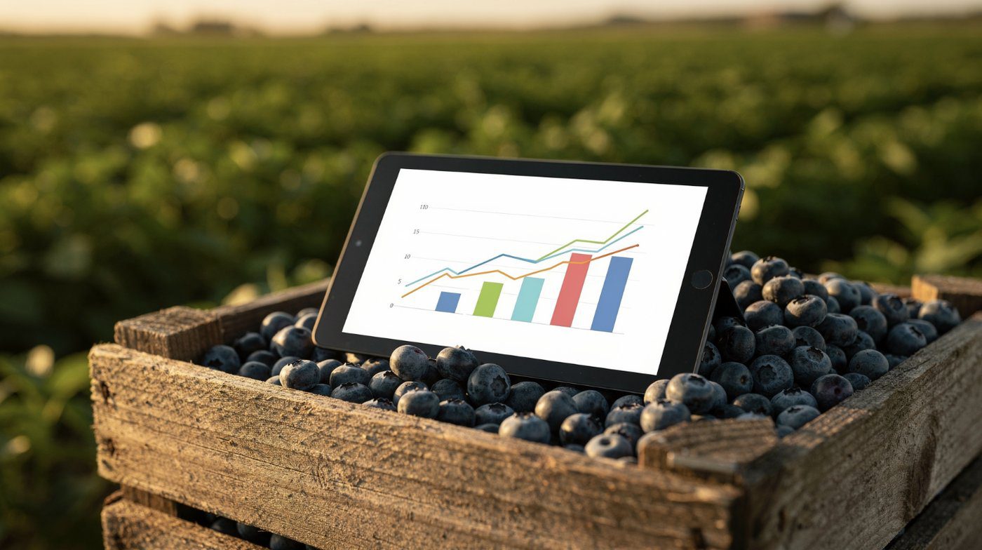 A tablet showing charts on a crate of fresh blueberries in the field