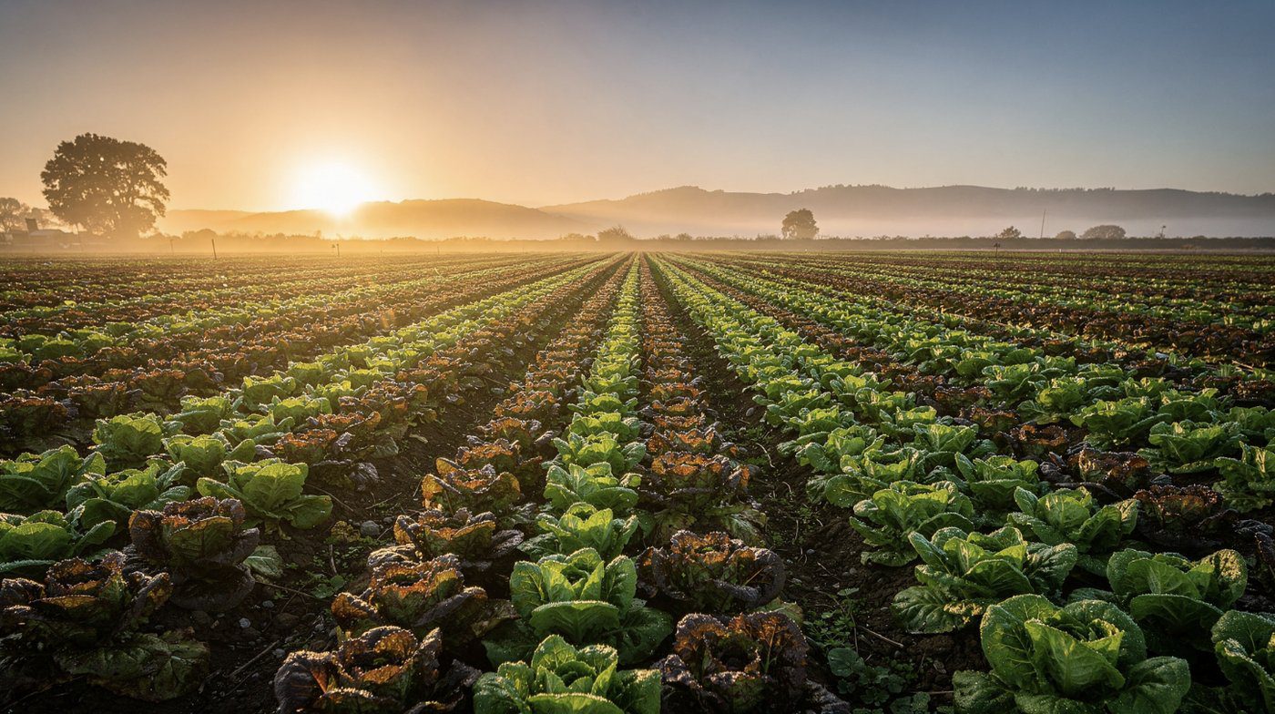 Rows of green and red leaf lettuce at sunrise