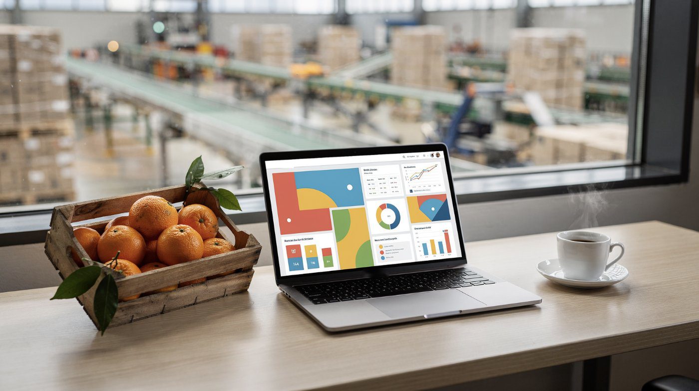A laptop dashboard beside a crate of oranges overlooking a packing floor