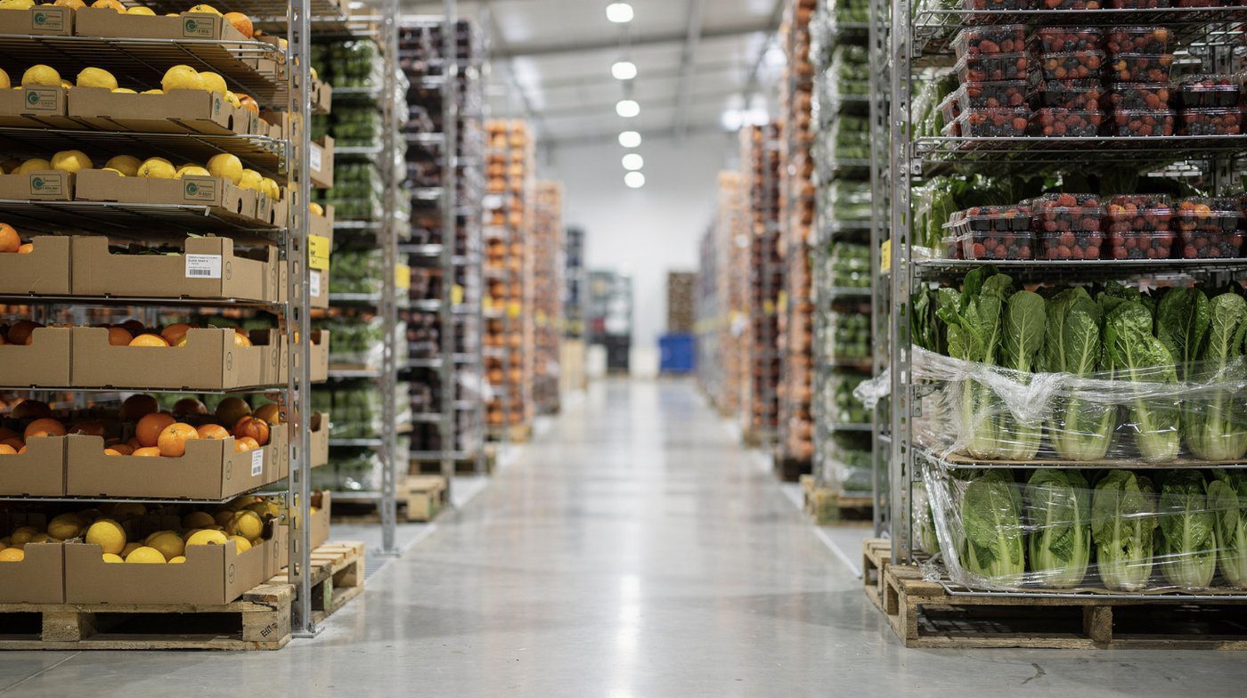 A refrigerated produce distribution center stocked with citrus, lettuce and berries