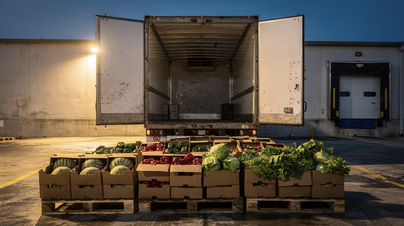 A refrigerated trailer at a loading dock with pallets of melons, peppers and lettuce