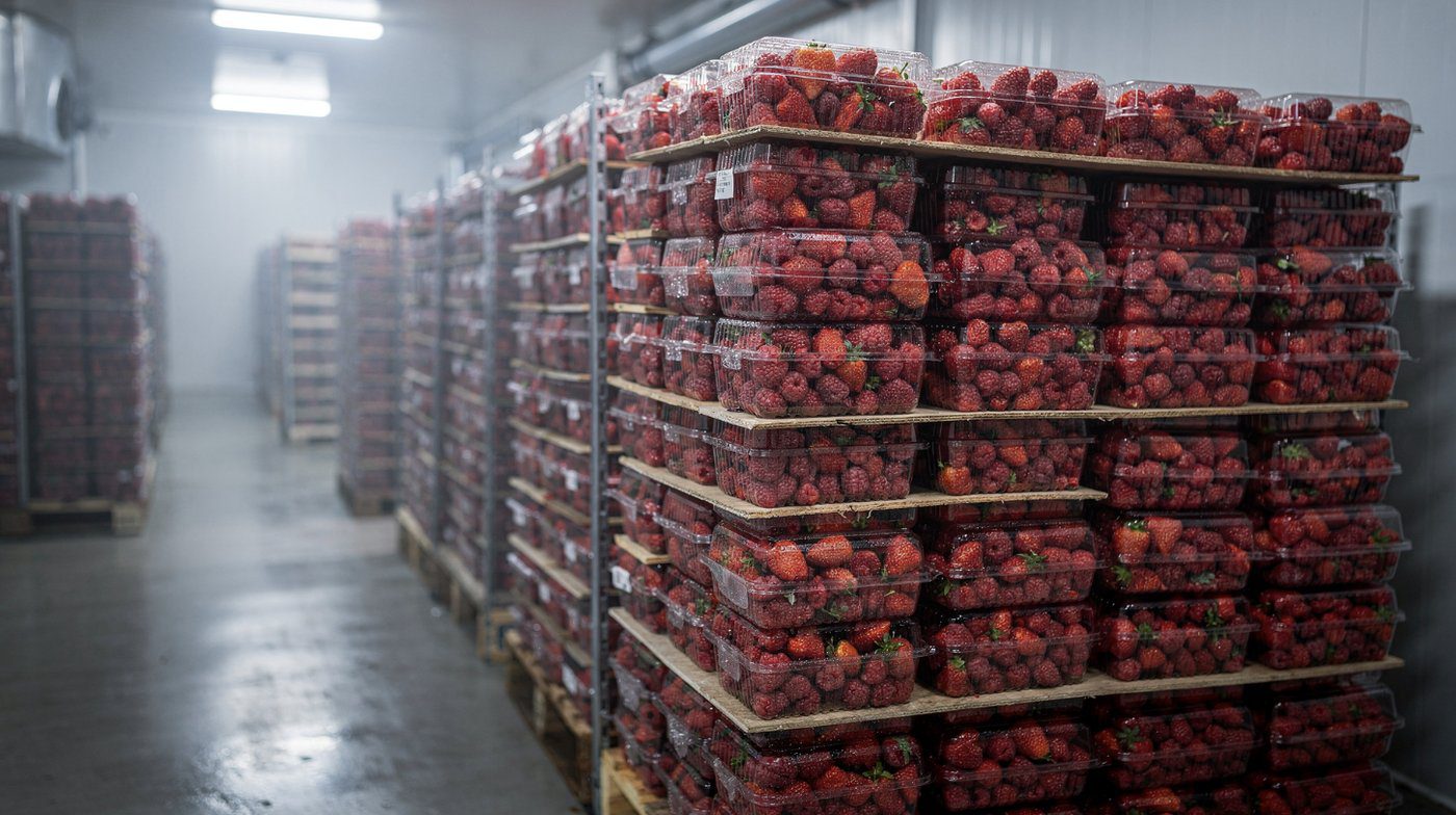 Pallets of strawberries and raspberries in cold storage