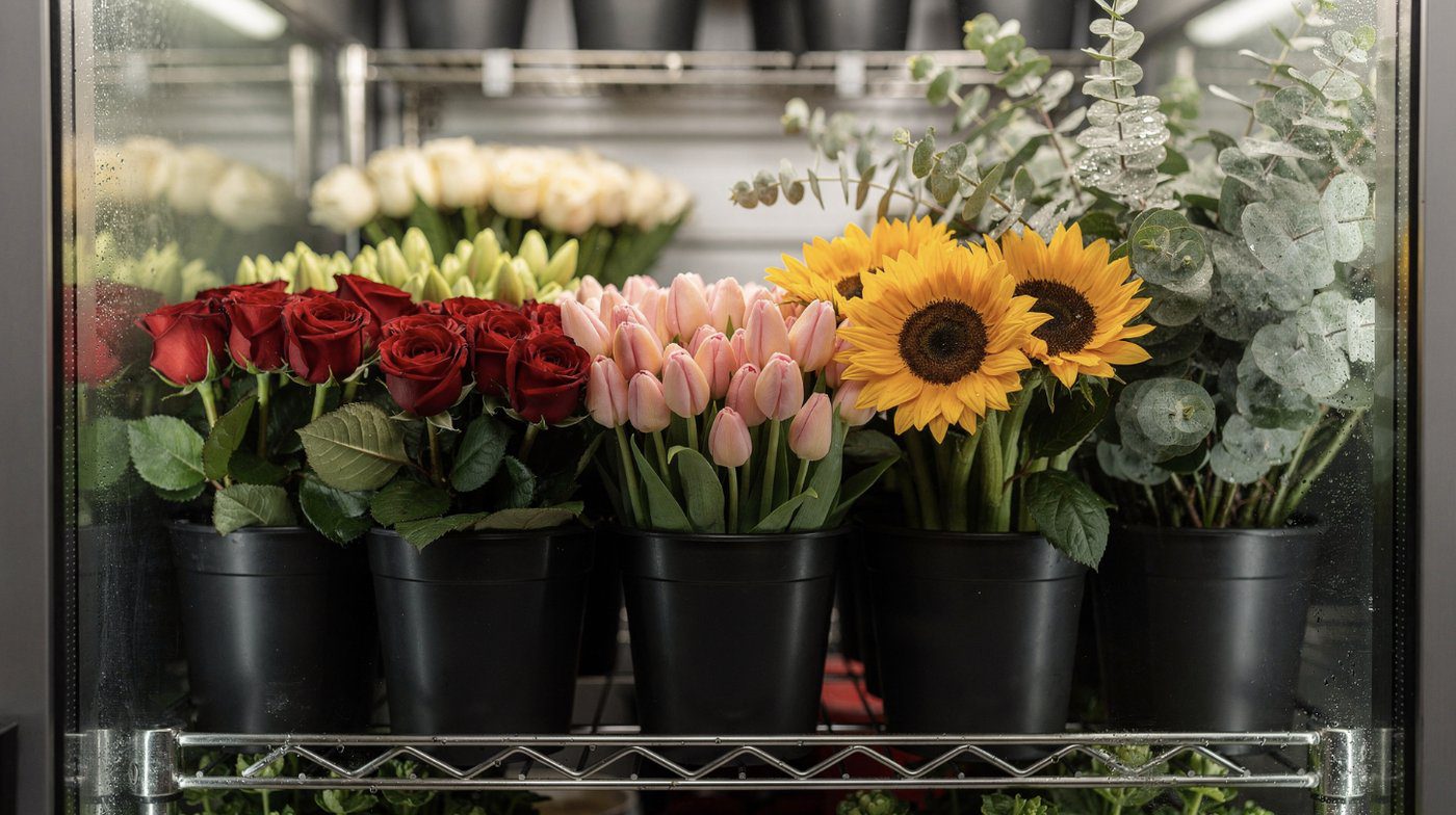 Roses, tulips, sunflowers and eucalyptus in a floral cooler