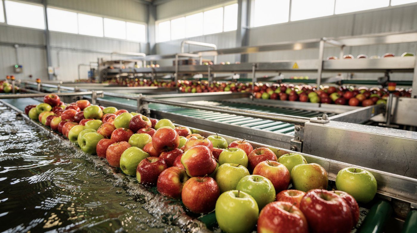 Red and green apples on a packing-house water flume